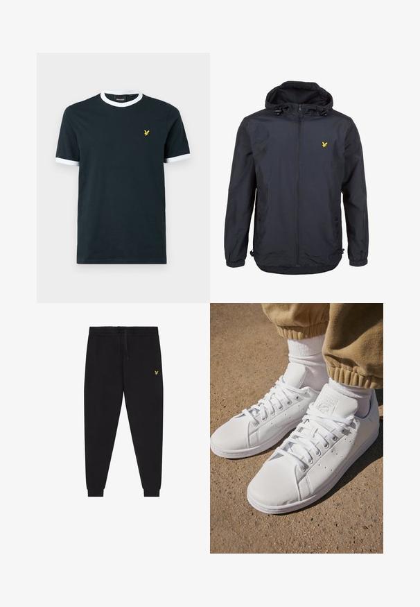 Lehká, tmavě modrá bunda s kapucí, zipem vpředu, nastavovacími šňůrkami a malým žlutým logem na levé hrudi. Texturovaná tkanina.; Námořnické bavlněné tričko s bílým žebrovaným límcem a okraji rukávů. Na levé části hrudi se nachází malé žluté vyšívané logo.; Černé teplákové kalhoty s elastickým pasem a stahovací šňůrkou, zúžené nohavice s manžetami a malým žlutým vyšívaným logem na pravém stehně.; Bílé kožené tenisky s hladkým povrchem, které mají klasický design na šněrování, perforace pro prodyšnost a jemně strukturovanou gumovou podrážku.