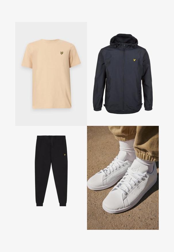 Könnyű, sötét navy kék dzseki kapucnival, cipzáras elejével, állítható zsinórokkal és egy kis sárga logóval a bal mellrészen. Texturált anyag.; Világos bézs pamut póló, kerek nyakkal és rövid ujjakkal, a bal mellen egy kis fekete és sárga pillangó logóval.; Fekete melegítőnadrág rugalmas derékpánttal és húzózsinórral, szűkített szárak mandzsettákkal, valamint kis sárga hímzett logóval a jobb combon.; Fehér bőr sportcipők sima felülettel, klasszikus fűzős kialakítással, perforációkkal a légáteresztés érdekében és texturált gumitalppal.