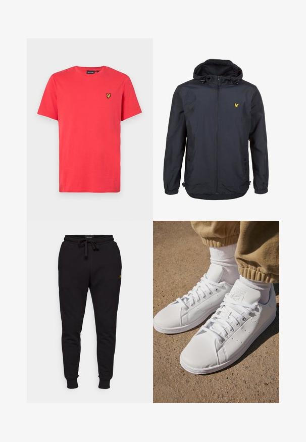 Lengvas, tamsiai mėlynos spalvos švarkas su kapišonu, užtrauktuku priekyje, reguliuojamomis virvėmis ir mažuoju geltonu logotipu kairėje krūtinės pusėje. Textūruota medžiaga.; Raudonas medvilninis marškinėliai trumpomis rankovėmis, su mažu geltonu siuvinētu logotipu kairėje krūtinės pusėje. Klasikinio apvalaus kaklo dizainas.; Juodi medvilniniai džinsai su elastine juosmeniu, virvute ir lygiu cekiu. Kairėje šlaunyje yra mažas geltonas logotipas.; Balti odiniai sportbačiai su lygia paviršiumi, pasižymintys klasikiniu raištelių dizainu, perforacijomis, užtikrinančiomis oro pralaidumą, ir tekstūra guminėmis padangomis.