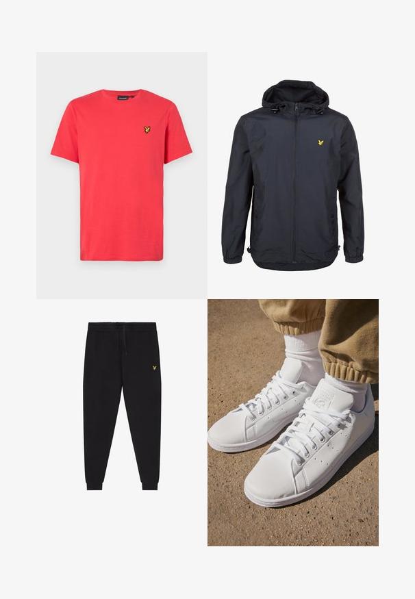 Kevyt, tummansininen takki, jossa on huppu, vetoketjullinen etuosa, säädettävät nyöritykset ja pieni keltainen logo vasemmassa rinnassa. Tekstuuri kangast.; Punainen puuvilla T-paita lyhyillä hihoilla, jossa on pieni keltainen brodeerattu logo vasemmassa rinnassa. Klassinen pyöreä pääntie.; Musta lenkkihousut, joissa on joustava vyötärönauha ja kiristysnauha, kapeutetut lahkeet kalvosimilla sekä pieni keltainen kirjailtu logo oikeassa reidessä.; Valkoiset nahkakengät, joissa on sileä pinta, klassinen nauhakiinnitys, reikärakenteet hengittävyyden parantamiseksi ja karkea kumipohja.