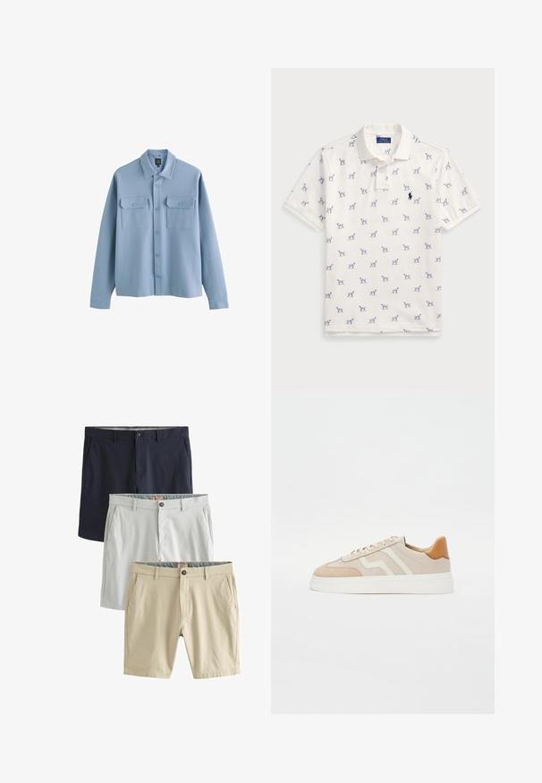 Light blue button-up shirt made of soft fabric. Features two front pockets with flaps, a pointed collar, and a relaxed fit with long sleeves.; White polo shirt made of cotton, featuring a repeated blue dog pattern and a small blue logo on the chest. Short sleeves and collar.; Three pairs of shorts: navy blue, light gray, and beige, all made of smooth fabric, featuring front pockets and button closures.; Beige sneakers with a combination of smooth leather and suede materials. Features white accents, flat laces, and a slight platform sole.