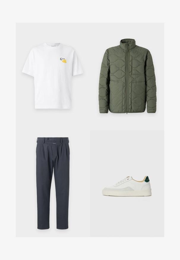 Olivovo zelená prešívaná bunda s vysokým golierom, prešívanou textúrou, predným zipsom a dvoma veľkými šikmými vreckami.; Biela bavlnená tričko s krátkymi rukávmi, s malou čiernou a žltou grafikou plátku citróna a textom na prednej strane.; Tmavošedé nohavice so strihom rovného nohu, so záhybmi vpredu a zapínaním na gombík, vyrobené z hladkej, ľahkej tkaniny.; Biele tenisky s semišovými akcentmi, zaoblenou špičkou, plochými šnúrkami a krémovou gumovou podrážkou. Na päte sú zelené značky.