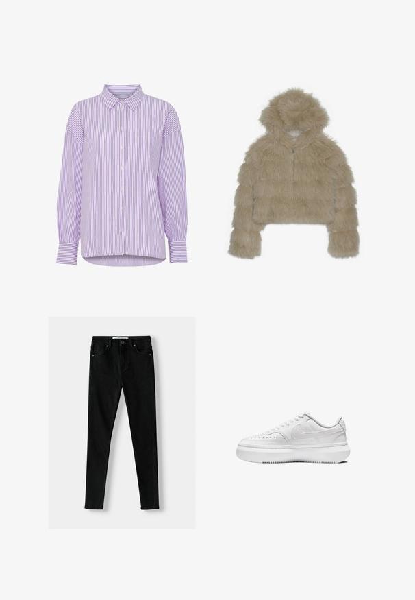 Giacca corta in pelliccia sintetica beige con cappuccio, caratterizzata da un esterno testurizzato e shaggy e una cerniera anteriore. Design imbottito a blocchi.; Felpa bianca con cappuccio, dotata di tasca frontale, polsini e orlo a coste. Tessuto morbido e vestibilità rilassata, con cordini sul cappuccio.; Camicia a maniche lunghe a righe viola e bianche con bottoni frontali e una tasca sul petto. Presenta un colletto classico e una vestibilità comoda.; T-shirt bianca in cotone con scollo rotondo, maniche corte e logo Nike nero stampato al centro del petto. Design semplice e classico.; Jeans slim fit neri realizzati in denim, con un classico design a cinque tasche, zip frontale e chiusura con bottone in metallo. Texture liscia in tutto.; Sneakers bianche con una tomaia in pelle liscia, punta rotonda, dettagli perforati e suola in gomma bianca spessa. Presenta il logo sul lato e lacci piatti.