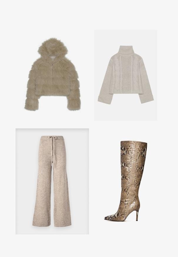 Jachetă scurtă din blană prostetică bej cu glugă, având un exterior texturat, pufoasă și un fermoar frontal. Design cu blocuri căptușite.; Pulover tricotat, de culoare gri deschis, cu guler înalt și manșete ribbrate, având modele texturate de cabluri pe spate și pe laturi.; Pantaloni bej cu picioare largi, confecționați dintr-un material tricotat texturat, având un talie cu șnur și o croială lejeră.; Cizme cu toc stiletto până la genunchi, realizate din piele cu model de șarpe lucioasă, în nuanțe bej, maro și crem, cu vârf ascuțit și toc de 3 inci.