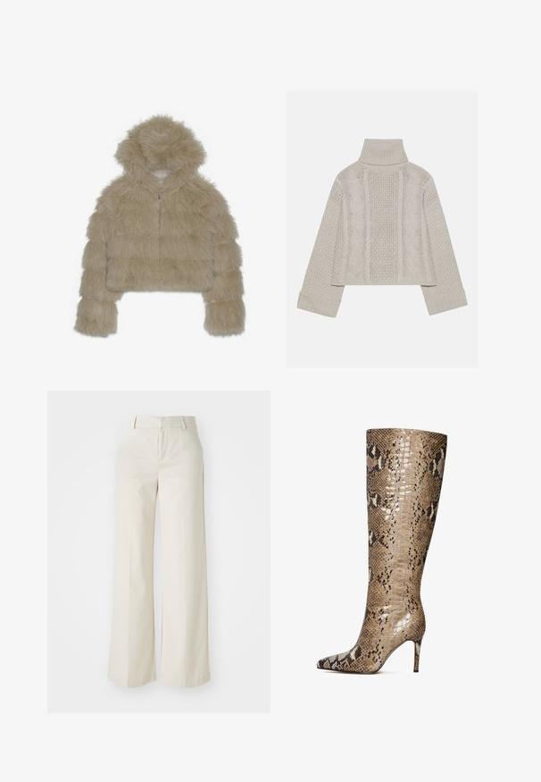 Beżowa kurtka z sztucznego futra, krótka, z kapturem, z fakturowanym, puszystym materiałem na zewnątrz oraz z przodem na zamek błyskawiczny. Wypełniona blokowa konstrukcja.; Skórzana szara sweter z wysokim kołnierzem i ściągaczami, z teksturowanymi wzorami w warkocze z tyłu i po bokach.; Spodnie o szerokich nogawkach w jasnobeżowym kolorze, wykonane z gładkiego materiału. Posiadają klasyczny pas i płaski przód z czystymi liniami.; Knee-high stiletto boot wykonany z błyszczącej skóry w wzór węża w odcieniach beżu, brązu i kremu, z ostro zakończonym noskiem i obcasem o wysokości 3 cali.