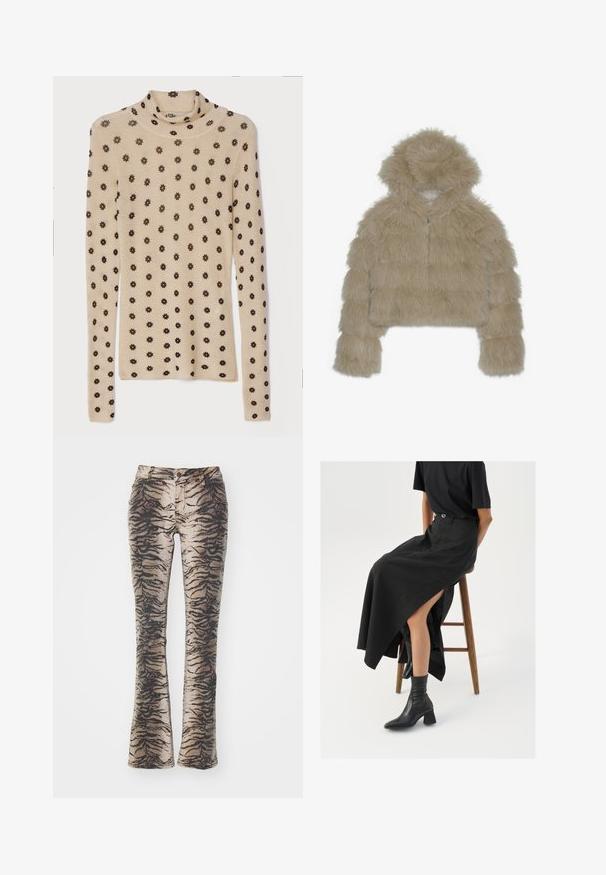 Beige faux fur cropped jakke med hætte, der har en struktureret, shaggy overflade og en frontlynlås. Polstret blokdesign.; By Malene Birger FIORIA - Striktrøje - beige; Bredde bukser lavet af stof med et beige og sort tigerstribemønster, med forlommer og lynlås lukning.; Sort linned maxi-nederdel med en høj slids, båret med en sort t-shirt og sorte ankelstøvler. Minimalistisk design med en afslappet pasform.