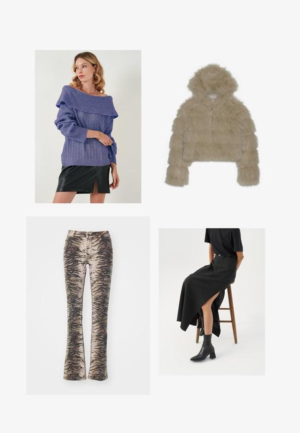 Beige tekoturkis lyhyt takki, jossa on huppu, karhealla ja pörröisellä pinnalla sekä edessä vetoketju. Pehmustettu lohkomuotoilu.; Violetti ribbattu neulepusero, jossa on olkaimeton kaula-aukko ja käänteet, yhdistetty mustaan nahkainen mini-hameeseen, jossa on etuaukko.; Vaatteet, joissa on leveät lahkeet, valmistettu beigen ja mustan tiikerinraidallista kangasta, varustettu etutaskuilla ja vetskarilla.; Musta pellavasta valmistettu maxi-hame, jossa on korkea halkio, puettuna mustan t-paidan ja mustien nilkkabootsien kanssa. Minimalistinen muotoilu, rento istuvuus.