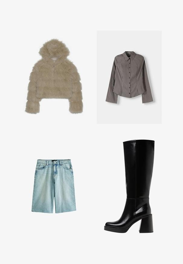 Beige faux fur cropped jakke med hætte, der har en struktureret, shaggy overflade og en frontlynlås. Polstret blokdesign.; Stribet skjorte i brun og hvid med lange ærmer, spids krave og buet kant. Struktureret stof med lodrette striber.; Lyseblå denimshorts med afslappet pasform, med knaplukning, bæltestropper og for- og baglommer. Struktureret stof, bleget finish.; Sorte knæhøje støvler lavet af skinnende materiale, med en kraftig blokhæl og en rund tå. Sømdetaljer løber langs den ydre side.