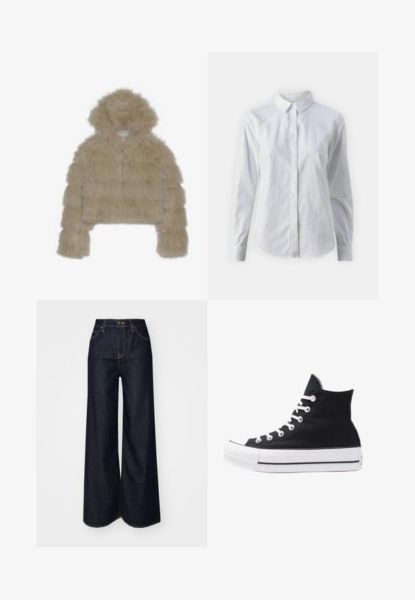 Krémová umělá kožešinová zkrácená bunda s kapucí, která má texturovaný, huňatý povrch a přední zip. Polstrovaný blokový design.; Bílá košile na knoflíky vyrobená z hladké bavlny, s klasickým límcem, dlouhými rukávy a zakřiveným spodním lemem. Knoflíky jsou malé a bílé.; Lee STELLA - Džíny Relaxed Fit - dark beat; Černý plátěný sneaker s vysokým střihem, bílými očky, tkaničkami a gumovou podrážkou. Obsahuje texturovanou špičku a černobílé pruhy.