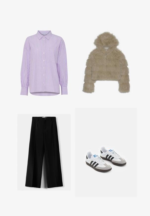 Krémová umělá kožešinová zkrácená bunda s kapucí, která má texturovaný, huňatý povrch a přední zip. Polstrovaný blokový design.; Fialové a bílé pruhované dlouhé rukávy s knoflíkovým zapínáním a jednou kapsou na prsou. Obsahuje klasický límec a volný střih.; Černé široké kalhoty z lehkého materiálu s předním zapínáním na knoflík a hladkým předním dílem, s pečlivě přišitými lemy.; Sportovní boty s bílým koženým svrškem, šedou semišovou špičkou a třemi černými pruhy. Obsahují modré logo na jazyku a texturovanou gumovou podrážku.