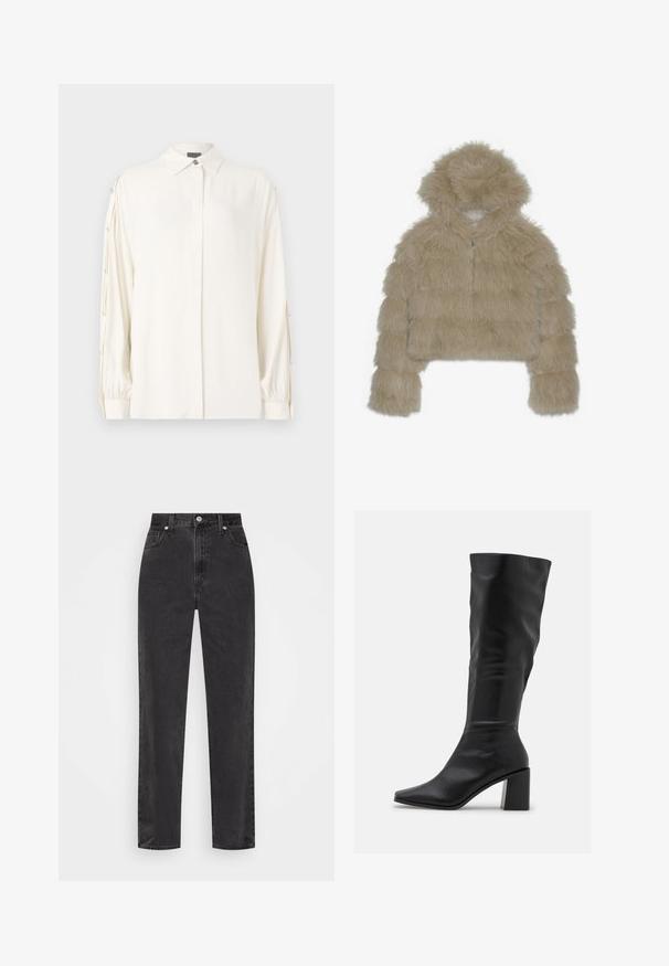 Beige faux fur cropped jas met een capuchon, voorzien van een gestructureerde, harige buitenkant en een ritssluiting aan de voorkant. Gevoerde blokontwerp.; Witte blouse met lange mouwen, kraag, knoopsluiting aan de voorkant en geplooide manchetten. Bevat decoratieve knopen langs de mouwen. Glad textuur.; Zwarte denim jeans met rechte pijpen en hoge taille, met een knoop en rits aan de voorkant en vijf zakken, op een witte achtergrond.; RAID BLICK - Laarzen - black