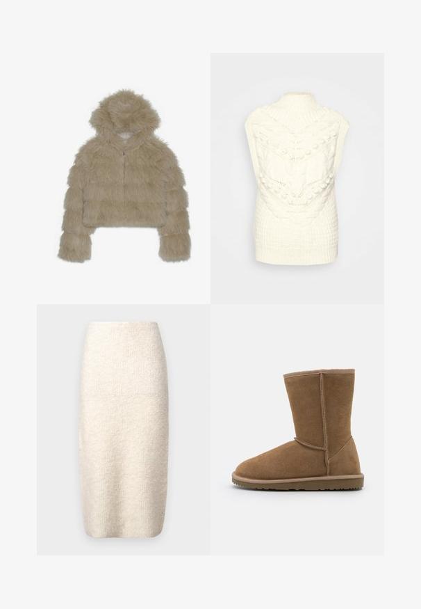 Casaco curto de pelúcia bege com capuz, apresentando um exterior texturizado e desgrenhado e um fecho frontal em zíper. Design acolchoado em blocos.; Colete de malha color creme com gola alta canelada e padrões texturizados, incluindo cabos e bolinhas, proporcionando uma aparência aconchegante.; Saia cremosa até ao joelho feita de um tecido texturizado, apresentando um corte ajustado com uma cintura lisa e sem fechos visíveis.; Bota de cano curto em camurça castanha com bico arredondado, costuras verticais e sola de borracha plana. O design apresenta costura em redor da abertura.