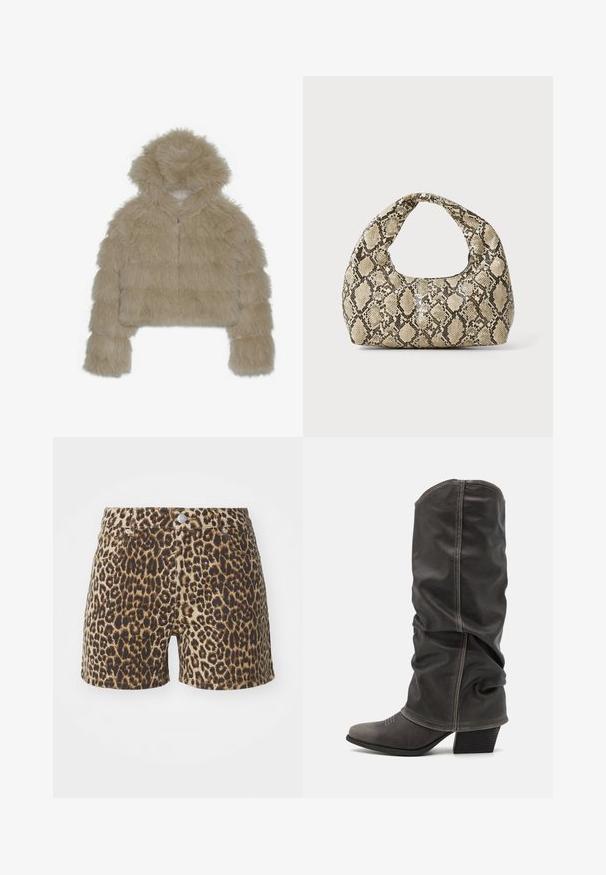 Veste courte en fausse fourrure beige avec capuche, présentant un extérieur texturé et shaggy, ainsi qu'une fermeture éclair à l'avant. Design en blocs rembourrés.; Un morceau de tissu à motif serpent texturé en beige et brun, avec une forme asymétrique, conçu pour un look moderne et unique.; Shorts en imprimé léopard dans des tons beiges et bruns, avec des poches, une fermeture à bouton et une coupe ajustée. Fabriqués en tissu léger.; Bottines en cuir gris hauteur mollet avec un design décontracté, bout pointu et talon empilé. Détails de couture remarquables sur la zone des orteils.; Sac à main en motif serpent avec une poignée incurvée. Fabriqué à partir de matériaux texturés beiges et bruns, présentant un motif en diamant distinctif.