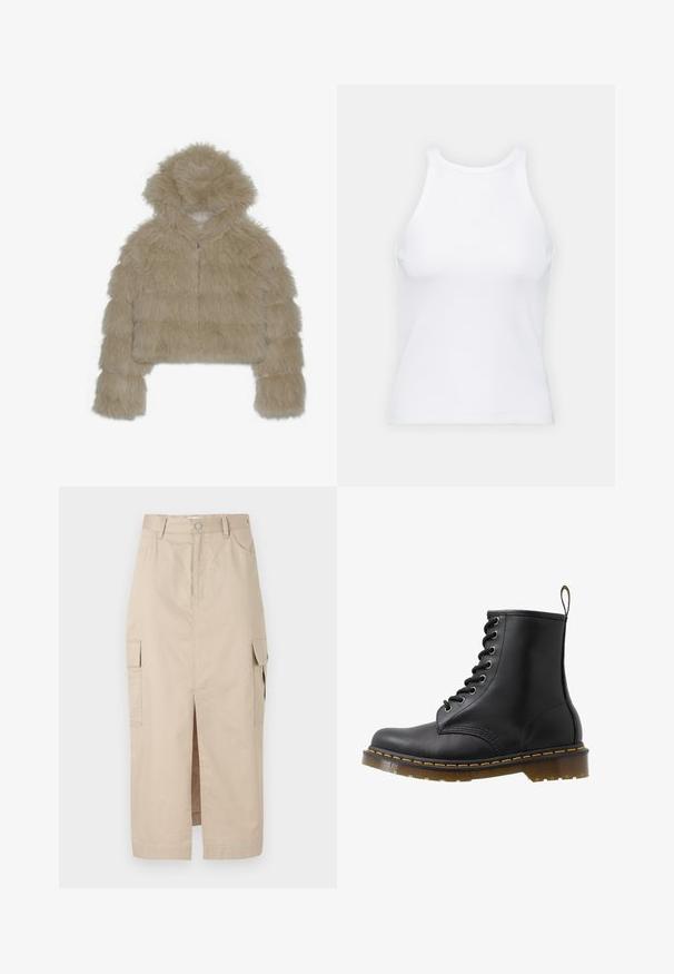 Beige faux fur cropped jas met een capuchon, voorzien van een gestructureerde, harige buitenkant en een ritssluiting aan de voorkant. Gevoerde blokontwerp.; Witte mouwloze tanktop van ribstof, met een ronde halslijn en een aansluitende pasvorm, met minimale naden en zonder versieringen.; Beige cargorok van katoen, met een split aan de voorkant, opgestikte zakken aan de zijkanten en een knoopsluiting in de taille. Zachte textuur overal.; Zwarte leren enkellaars met ronde neus, vetersluiting met oogjes, oranje stiksels en een chunky doorzichtige zool. Aan de achterkant bevindt zich een trekband.