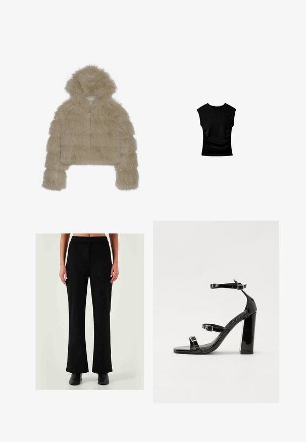 Krémová umělá kožešinová zkrácená bunda s kapucí, která má texturovaný, huňatý povrch a přední zip. Polstrovaný blokový design.; Černý top s krátkým rukávem s přiléhavým střihem, který má na bocích nařasené detaily a hladkou, elastickou látku pro pohodlí.; Černé široké kalhoty s hladkým a elastickým materiálem, vysokým pasem a jemnými švy, doplněné černými kotníkovými botami.; Černé lakované sandály na podpatku se čtveratou špičkou, lýtkovými pásky a stříbrnými přezkami. Disponují masivním blokovým podpatkem pro stabilitu.