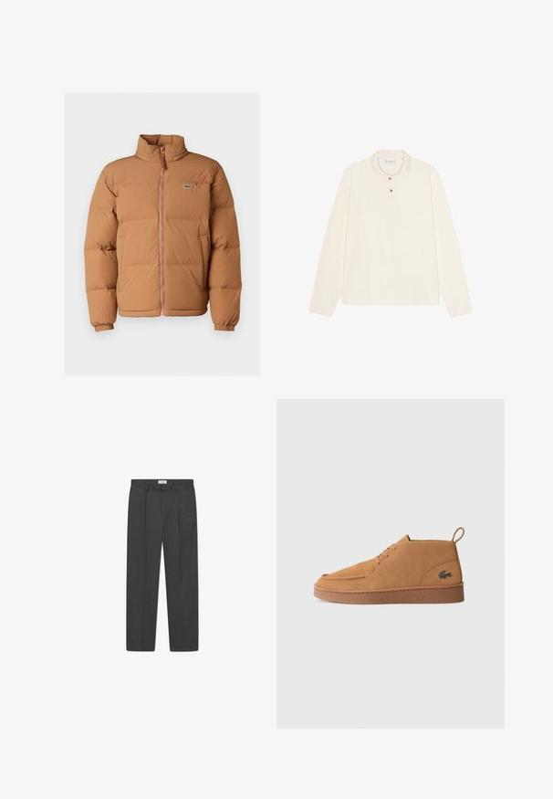 Barna puffernadrág magas gallérral, elülső zipzárral és rugalmas mandzsettával. Bal mellen egy kis zöld logó található. Simas felület.; Hosszú ujjú pólókrém színben, lapos gallérral, háromgombos gombolással, arany színű gombokkal, valamint puha, texturált anyagból.; Szürke szabott nadrág, finom kockás mintával, texturált szövettel és elöl redőkkel, övcsatokkal ellátott derékkal.; Barna velúr fűzős bokacipő, gumi talppal és húzófüllel, az oldalán jellegzetes krokodil logóval.