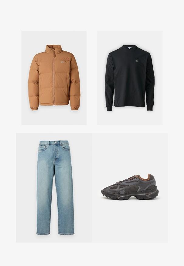 Casaco acolchoado castanho com gola alta, fecho na frente e punhos elásticos. Apresenta um pequeno logótipo verde no lado esquerdo do peito. Textura suave.; Camisola preta de manga longa feita de algodão, com decote redondo e um pequeno logótipo de crocodilo bordado em verde no lado esquerdo do peito.; Jeans de denim azul claro com um corte solto, pernas retas, design de cinco bolsos e fecho de botão na cintura. Detalhe de costura minimalista.; Ténis Lacoste em cinza-escuro com material em malha e sintético, apresentando uma sola texturizada e detalhes castanhos na gola e na marca.