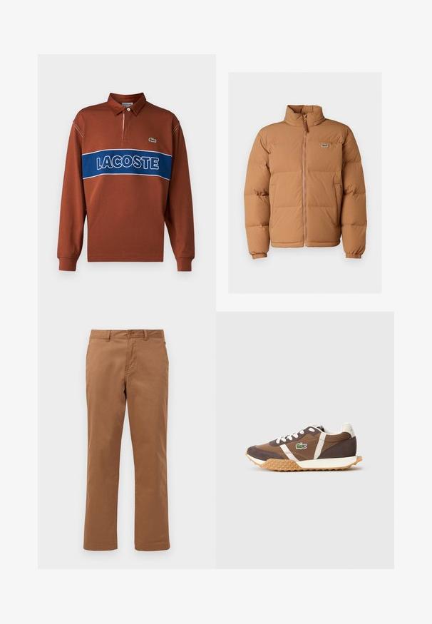 Pruun täispuhutav jakk kõrge kraega, ees lukuga ja elastsete mansettidega. Vasakul rinnal on väike roheline logo. Sile tekstuur.; Pikend varrukatega polo särk roostepunases värvitoonis, millel on sinine horisontaalne triip, kus on valgete tähtedega "LACOSTE" tekst. Särgil on krae ja roheline logo detail.; Pruuni puuvillased püksid sirge sääre kujundusega, varustatud nööbiga sulgumise ja ees olevate taskutega. Sile tekstuur ja puhas viimistlus.; Pruunid spordijalatsid valgete aktsentidega, valmistatud nahast ja tekstiilist. Neil on tekstureeritud kummitald ja Lacoste logo küljel.