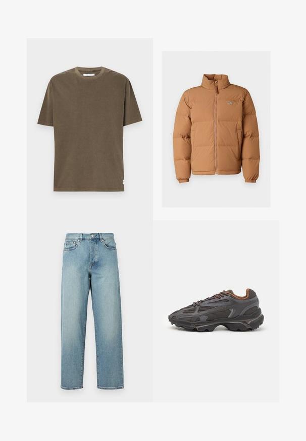 Rudas pūkinis džemperis su aukštu apykaklę, priekiniais užtrauktukais ir elastinėmis rankovėmis. Kairėje krūtinės pusėje yra mažas žalias logotipas. Skaidri tekstūra.; Tamsiai žalia medvilninė marškinėlė su trumpomis rankovėmis, apvaliu iškirpimu ir tiesiu kraštu. Šone yra mažas prekės ženklą žymintis etiketė.; Šviesiai mėlynos džinsinės kelnės su laisvu siluetu, tiesiomis kojomis, penkių kišenių dizainu ir sagčių uždarymu juosmens srityje. Minimalistinis siuvinėjimo akcentas.; Lacoste sportbačiai tamsiai pilki, pagaminti iš tinklinės ir sintetinių medžiagų, su tekstūruotu padu ir rudomis detalėmis ant apykaklės bei prekės ženklo.