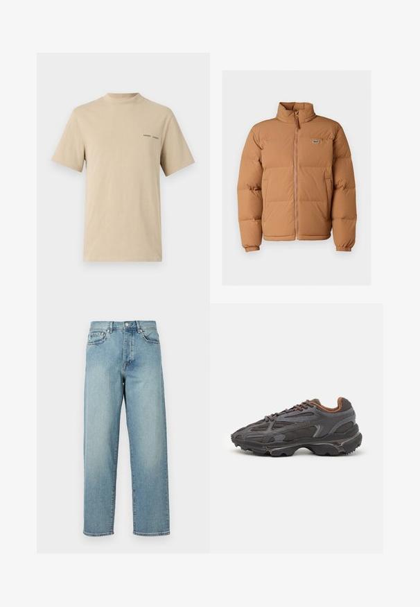 Casaco acolchoado castanho com gola alta, fecho na frente e punhos elásticos. Apresenta um pequeno logótipo verde no lado esquerdo do peito. Textura suave.; T-shirt de algodão bege com decote redondo e mangas curtas. Apresenta um discreto logotipo em texto preto "SAMSOE" no peito.; Jeans de denim azul claro com um corte solto, pernas retas, design de cinco bolsos e fecho de botão na cintura. Detalhe de costura minimalista.; Ténis Lacoste em cinza-escuro com material em malha e sintético, apresentando uma sola texturizada e detalhes castanhos na gola e na marca.