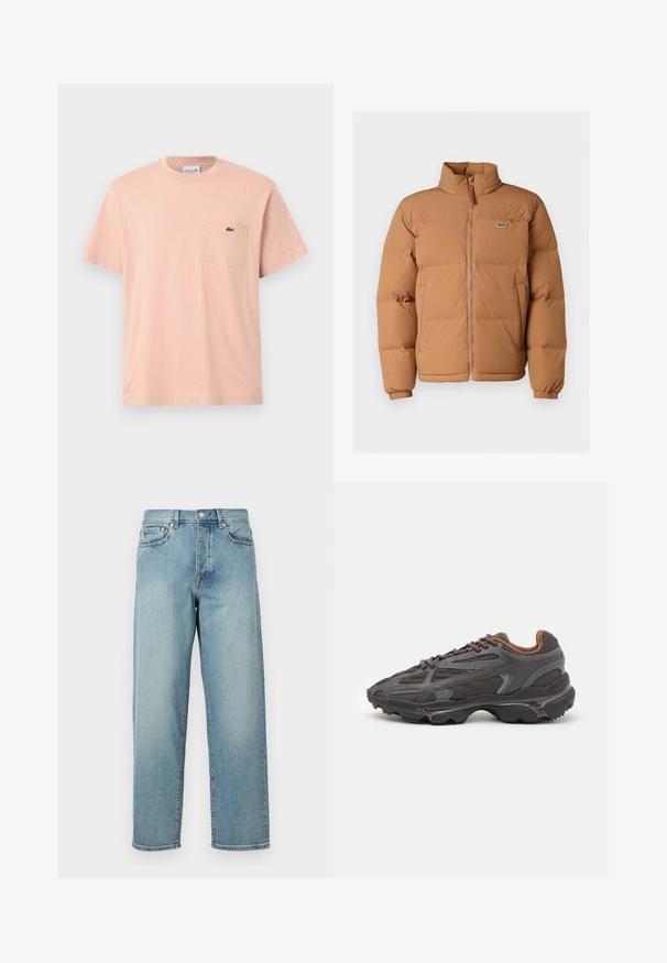 Ruskea puffatakki, jossa on korkea kaulus, etuvetoketju ja joustavat hihansuut. Vasemmassa rinnassa on pieni vihreä logo. Pintakuvio on sileä.; Vaaleanpunainen puuvillapaita, jossa on pyöreä kaula-aukko, lyhyet hihat ja vasemmassa rinnassa tasku, jossa on vihreä Lacoste-logo.; Vaaleansiniset farkut, joissa on löysä malli, suorat lahkeet, viisi taskua ja nappikiinnitys vyötäröllä. Minimalistinen ommel yksityiskohta.; Lacoste-tennar i mörkgrått med nät- och syntetmaterial, med en texturerad sula och bruna accenter på kragen och märket.