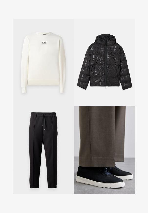 Svart jakke med pufferdesign og blank, mønstrete overflate. Har en frontglidelås, snøring på hetten og logo detaljer på ermet.; Hvit genser laget av mykt stoff med rund hals. Har lange ermer og en liten EA7-logo på brystet. Ribbestrikkede mansjetter og kant.; Sorte bukser med liv, snor og elastiske mansjetter. Har plisséer og et glatt, teksturert stoff.; Svarte suedeglans sneakers med hvite gummisåler, med rund tå og lisser, iført grå skreddersydde bukser.