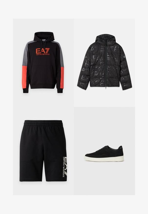 Czarna puchowa kurtka o błyszczącym, wzorzystym wykończeniu. Posiada suwak z przodu, kaptur ze sznurkiem oraz akcenty z logo na rękawie.; Czarna bluza z kapturem z szarymi panelami na ramionach i czerwonymi akcentami. Posiada kieszeń z przodu i sznurki do regulacji kaptura. Oznaczona marką "EA7 Emporio Armani."; EA7 Emporio Armani - Szorty; Czarne zamszowe sneakersy z designem na sznurówki i kontrastującą białą gumową podeszwą. Posiadają teksturowane boczne panele oraz subtelne logo na pięcie.