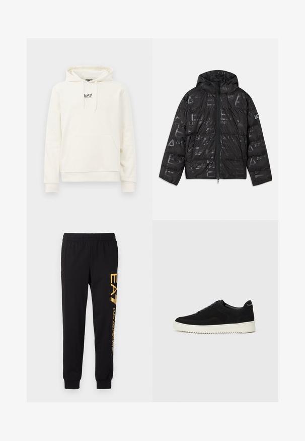 Jachetă puffer neagră cu un finisaj lucios și modelat. Are un fermoar frontal, glugă cu șnur și accente cu logo pe mânecă.; Hanorac de culoare crem, cu buzunar frontal, glugă cu șnur și un mic logo negru "EA7 Emporio Armani" în centrul pieptului.; Pantaloni de trening negri, confecționați dintr-un material moale, având un talie elastică și mansete la gleznă. Branding galben imprimat vertical pe piciorul stâng.; Adidași negri din suede cu design cu șireturi și talpă din cauciuc alb contrastant. Prezintă panouri laterale texturate și branding subtil pe toc.
