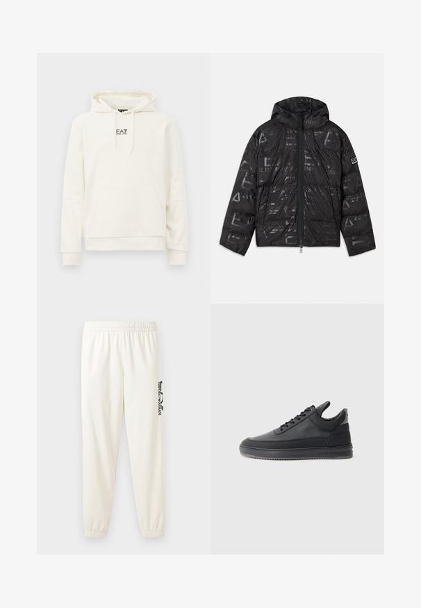Melnā pūkainā jaka ar spīdīgu, rakstainu apdari. Aprīkota ar priekšējo rāvējslēdzēju, regulējamu kapuci un logotipu uz piedurknes.; Kreemas krāsas kapuci ar priekšējo kabatu, ar aukliņu regulējamu kapuci un mazu melnu "EA7 Emporio Armani" logotipu krūšu centrā.; Gai bēšas sporta bikses ar elastīgu jostu un elastīgām aprocēm. Kreisajā kājā ir melns iegravēts logo. Mīksta auduma tekstūra.; Melnas ādas sporta kurpes ar teksturētu virsmu, ar saistēm, zema augstuma un pelēku gumijas zoli ar rievojumu malu.