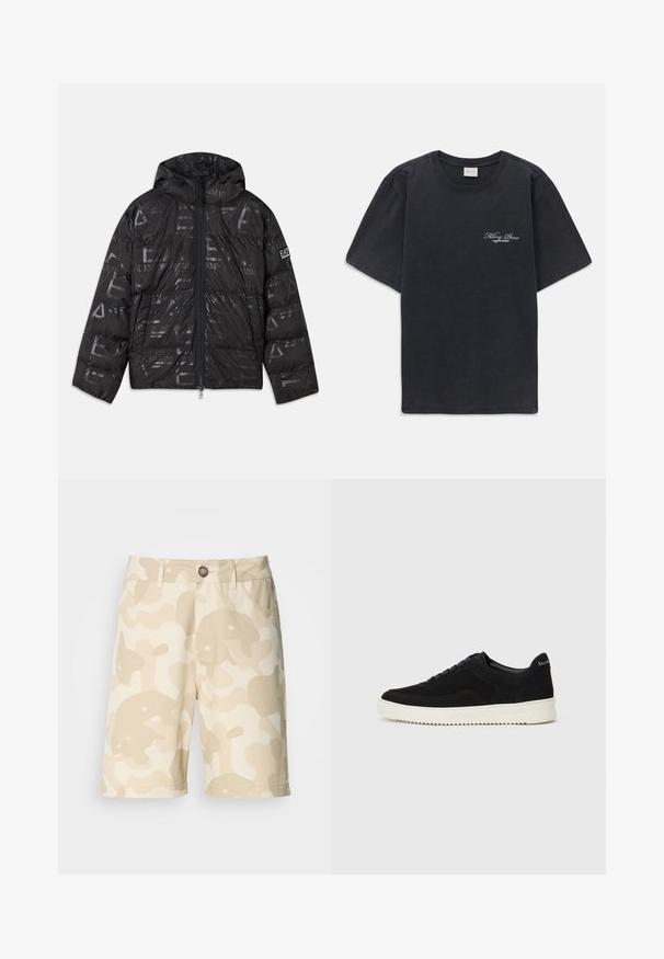 Black puffer jacket with a glossy, patterned finish. Features a front zipper, drawstring hood, and logo accents on the sleeve.; Black short-sleeve crew neck t-shirt with small white "Filling Pieces" text logo on the left chest.; Beige shorts with a cream camouflage pattern, featuring a button closure, belt loops, and pockets. Made from fabric with a smooth texture.; Black suede sneaker with lace-up design and contrasting white rubber sole. Features textured side panels and subtle branding on the heel.