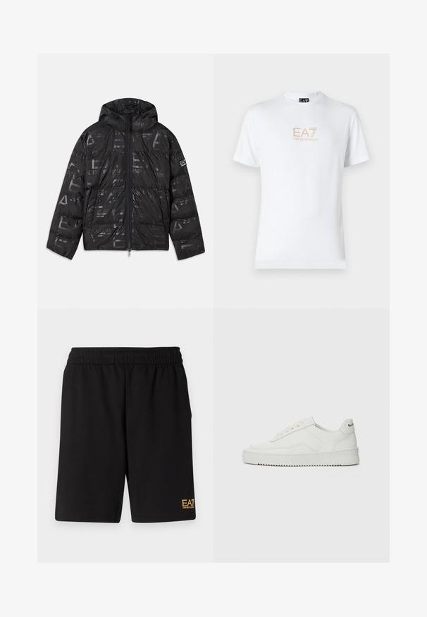 Svart puffjacka med en blank, mönstrad yta. Har en framsida med dragkedja, justerbar huva och logotypdetaljer på ärmen.; Vit bomull t-shirt med rund halsringning och korta ärmar, med en guld EA7 Emporio Armani-logotyp tryckt på framsidan.; Svarta träningsshorts i mjukt tyg, med ett elastiskt midjeband och en liten gul EA7-logotyp på nedre vänstra benet.; Vita lädersneakers med en jämn yta, rund tå, platta snörningar och en strukturerad sula. Har en diskret logotyp på hälen.