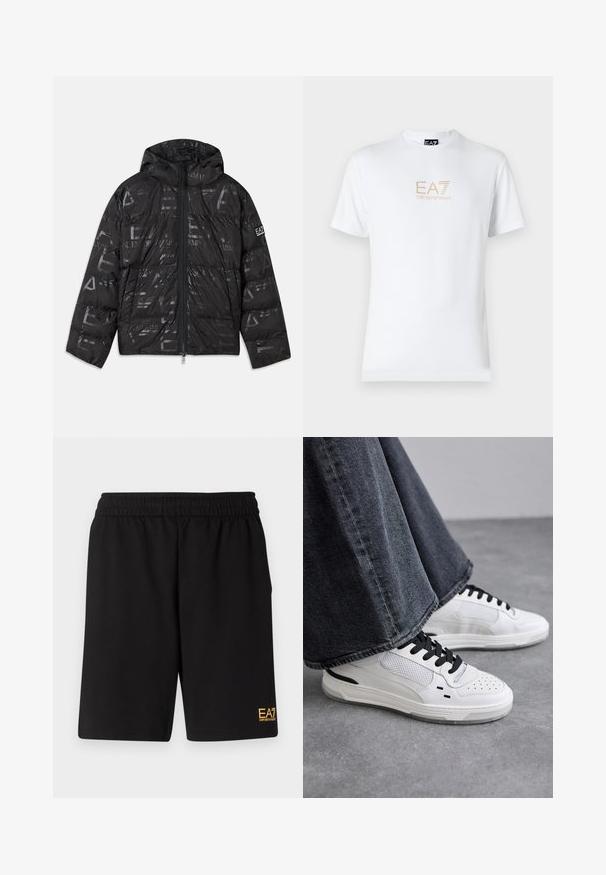 Black puffer jacket with a glossy, patterned finish. Features a front zipper, drawstring hood, and logo accents on the sleeve.; White cotton t-shirt featuring a round neckline and short sleeves, with a gold EA7 Emporio Armani logo printed on the front.; Black athletic shorts made of soft fabric,Featuring an elastic waistband and a small yellow EA7 logo on the lower left leg.; White sneakers with black laces and mesh detailing. Features a smooth leather upper and a textured rubber sole. Paired with wide-leg grey jeans.