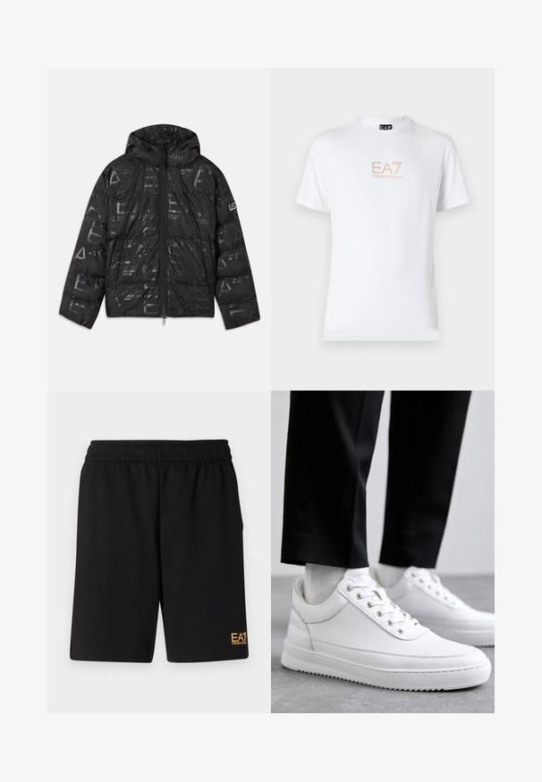 Schwarze Daunenjacke mit glänzender, gemusterter Oberfläche. Verfügt über einen Frontreißverschluss, eine Kordelzugkapuze und Logo-Akzente an den Ärmeln.; Weißes Baumwoll-T-Shirt mit Rundhalsausschnitt und kurzen Ärmeln, mit einem goldenen EA7 Emporio Armani-Logo auf der Vorderseite.; Schwarze Sportshorts aus weichem Material, mit einem elastischen Bund und einem kleinen gelben EA7-Logo am unteren linken Bein.; Weiße Leder-Sneaker mit flacher Gummisohle, ausgestattet mit einer glatten Oberfläche, runder Zehenpartie und Metallösen für die Schnürsenkel. Getragen mit schwarzen Hosen.
