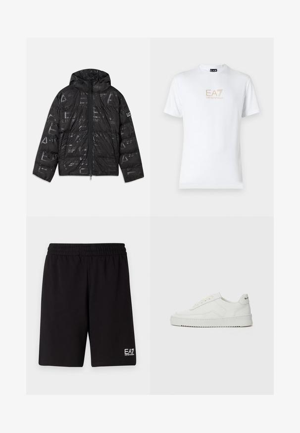 Črna napihnjena jakna z sijočim, vzorčastim zaključkom. Ima sprednji zadrgo, kapuco s vrvico in logotipne detajle na rokavu.; Bela bombažna majica s krožnim izrezom in kratkimi rokavi, s pozlačenim logotipom EA7 Emporio Armani natisnjenim spredaj.; Črne atletske kratke hlače iz mehke tkanine, z elastičnim pasom in majhnim belim logotipom na spodnjem desnem robu.; Bela usnjena športna obutev z gladko površino, okroglo prst, ravne vezalke in teksturiran podplat. Ima diskretno logo na peti.