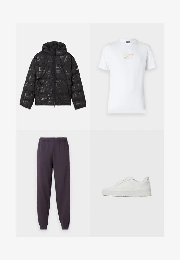 Črna napihnjena jakna z sijočim, vzorčastim zaključkom. Ima sprednji zadrgo, kapuco s vrvico in logotipne detajle na rokavu.; Bela bombažna majica s krožnim izrezom in kratkimi rokavi, s pozlačenim logotipom EA7 Emporio Armani natisnjenim spredaj.; Temno sivi trenirke z elastičnim pasom, zoženimi manšetami, gladko teksturo in brez vidnih žepov ali okraskov.; Bela usnjena športna obutev z gladko površino, okroglo prst, ravne vezalke in teksturiran podplat. Ima diskretno logo na peti.