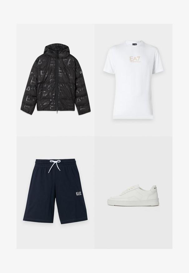 Černá péřová bunda s lesklým, vzorovaným povrchem. Obsahuje přední zip, kapuci se stahovací šňůrou a logové detaily na rukávu.; Bílé bavlněné tričko s kulatým výstřihem a krátkým rukávem, na přední straně s potiskem zlatého loga EA7 Emporio Armani.; Námořnické modré kraťasy vyrobené z měkké tkaniny s elastickým pasem a bílou šňůrkou. Disponují malým bílým logem na dolní levé straně.; Bílé kožené tenisky s hladkým povrchem, kulatou špičkou, plochými tkaničkami a texturovanou podrážkou. Na patě se nachází nenápadné logo.