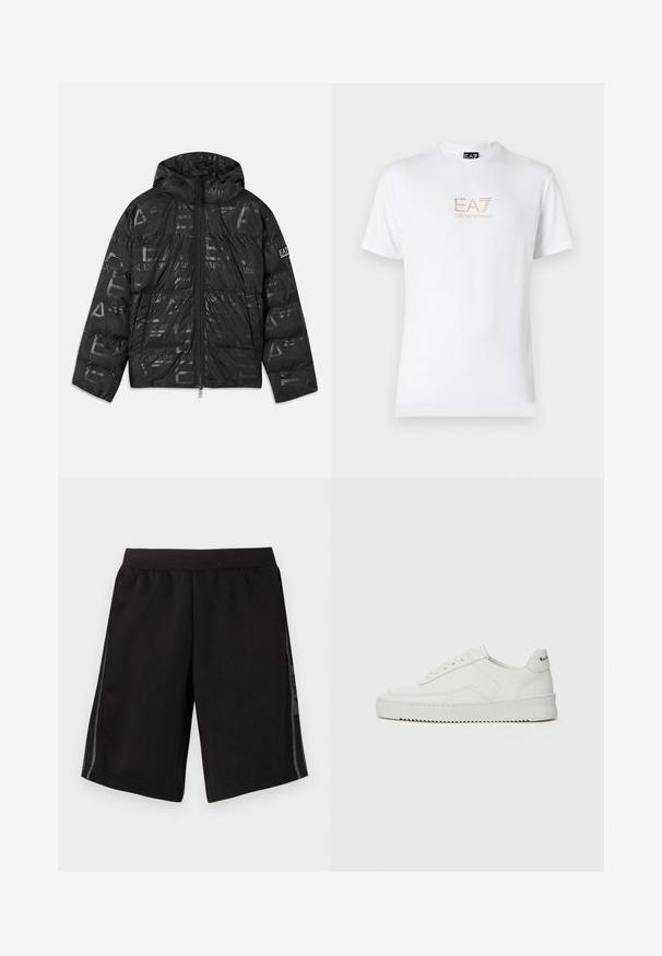 Black puffer jacket with a glossy, patterned finish. Features a front zipper, drawstring hood, and logo accents on the sleeve.; White cotton t-shirt featuring a round neckline and short sleeves, with a gold EA7 Emporio Armani logo printed on the front.; Black athletic shorts with an elastic waistband, featuring side mesh panels and a logo on the left leg. Smooth fabric texture.; White leather sneaker with a smooth finish, round toe, flat laces, and a textured sole. Features a subtle logo on the heel.
