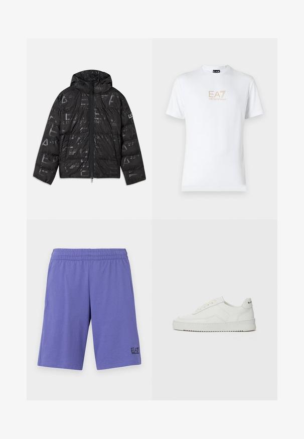 Čierna bunda s páperovým vzhľadom a lesklým, vzorovaným povrchom. Obsahuje predný zips, kapucňu so šnúrkou a logo akcenty na rukáve.; Biela bavlnená tričko s okrúhlym výstrihom a krátkymi rukávmi, na prednej strane s potlačou zlatého loga EA7 Emporio Armani.; Fialové športové šortky vyrobené z mäkkého materiálu, so elastickým pásom a čiernym logom EA7 na dolnej ľavej nohe.; Biele kožené tenisky s hladkým povrchom, okrúly špičkový dizajn, ploché šnúrky a textúrovaná podrážka. Obsahujú jemné logo na päte.