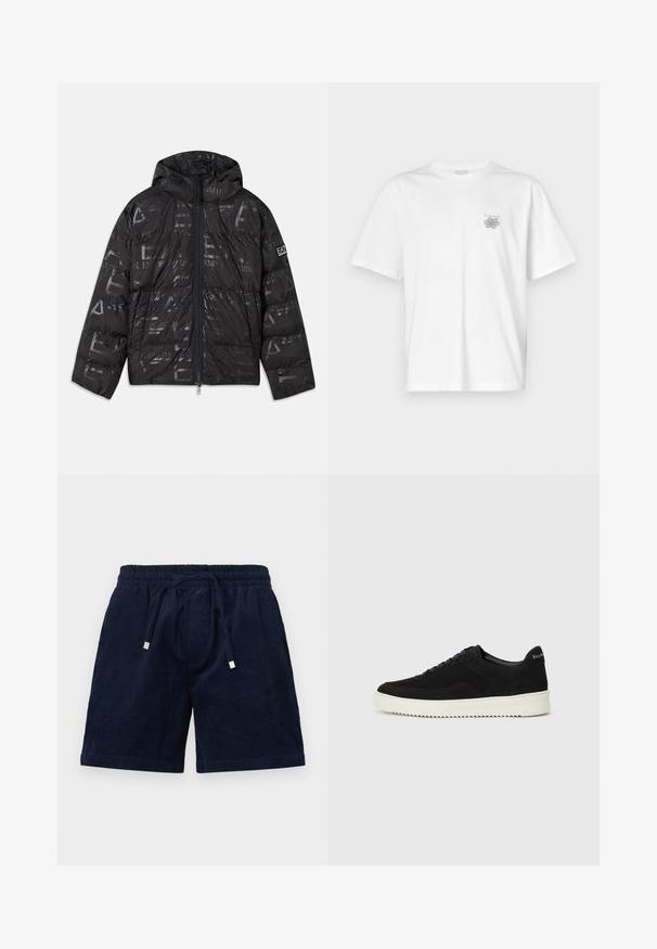 Black puffer jacket with a glossy, patterned finish. Features a front zipper, drawstring hood, and logo accents on the sleeve.; White t-shirt made of cotton featuring short sleeves, a crew neck, and a small gray logo on the left chest area. Smooth texture.; Navy corduroy shorts with an elastic waistband, adjustable drawstring, and golden metal aglets. Features a soft texture and straight cut.; Black suede sneaker with lace-up design and contrasting white rubber sole. Features textured side panels and subtle branding on the heel.