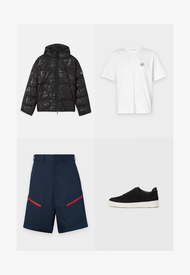 Giacca a vento nera con finitura lucida e motivo a trama. Presenta una cerniera frontale, cappuccio con cordino e dettagli con logo sulla manica.; T-shirt bianca in cotone con maniche corte, colletto tondo e un piccolo logo grigio nella zona sinistra del petto. Texture liscia.; Pantaloni cargo blu realizzati in tessuto con due tasche con zip e dettagli rossi, vita piatta e cuciture decorative.; Sneaker in suede nero con design con lacci e suola in gomma bianca a contrasto. Presenta pannelli laterali testurizzati e un marchio discreto sul tallone.