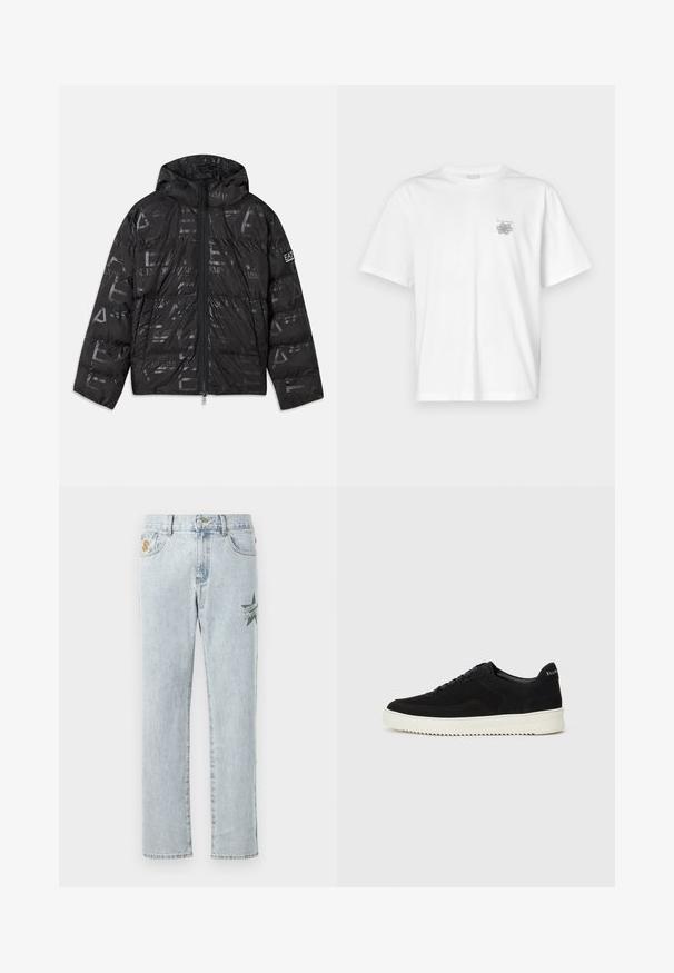 Casaco puffer preto com um acabamento brilhante e estampado. Apresenta um fecho frontal, capuz com cordão e detalhes de logótipo na manga.; Camisa branca de algodão com mangas curtas, gola redonda e um pequeno logótipo cinza na área do peito esquerdo. Textura suave.; Jeans de denim azul claro com corte reto, apresentando um gráfico de estrela verde e o texto "Billion Boys Club" na coxa esquerda.; Sapatilhas de camurça pretas com design de atacadores e sola de borracha branca em contraste. Apresenta painéis laterais texturizados e uma marcação discreta no calcanhar.