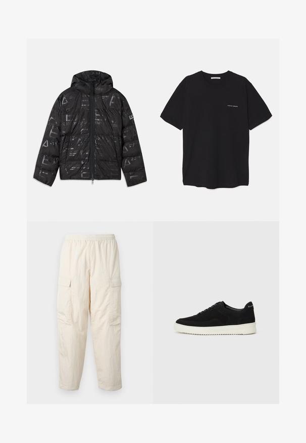 Fekete puffer kabát fényes, mintás felülettel. Elülső cipzárral, állítható kapucnival és logóval díszített ujjal rendelkezik.; Fekete pamut T-shirt kerek nyakkivágással, rövid ujjakkal, és fehér logónyomattal a bal mellrészen. Egyszerű, egyszínű dizájn.; Beige cargo nadrág, elasztikus derékkal, két oldalzsebbel és puha, könnyű anyagból készült. Gyűrött textúra.; Fekete velúr sportcipő fűzős dizájnnal és kontrasztos fehér gumitalppal. Jellemzői a textúrázott oldalpanelek és a diszkrét logó a sarokon.