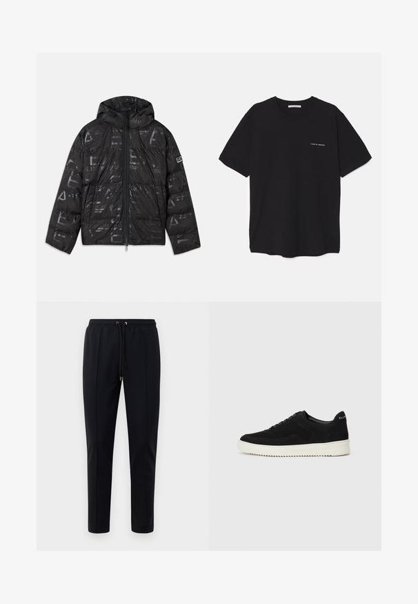 Black puffer jacket with a glossy, patterned finish. Features a front zipper, drawstring hood, and logo accents on the sleeve.; Black cotton T-shirt with a crew neck, short sleeves, and a white logo print on the left chest. Simple, solid color design.; Black jogger pants made of soft, stretchy material. Features an elastic waistband with drawstrings and tapered legs. No visible patterns.; Black suede sneaker with lace-up design and contrasting white rubber sole. Features textured side panels and subtle branding on the heel.