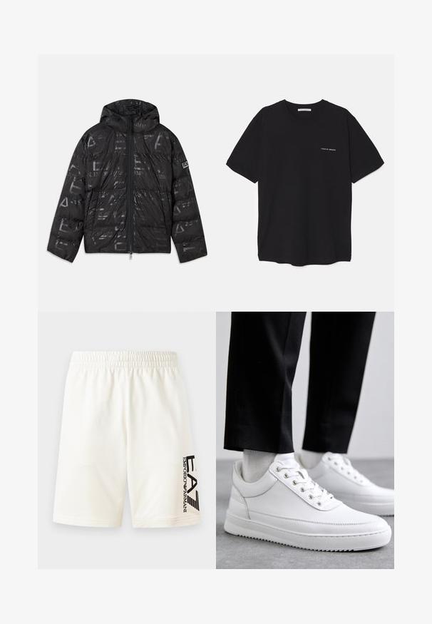 Juodas pūkinis švarkas su blizgiu, raštuotu paviršiumi. turi priekines užtrauktuką, reguliuojamą kapučą ir logotipo akcentus ant rankovės.; Juoda medvilninė marškinėlė su apykakle, trumpomis rankovėmis ir baltu logotipu kairėje krūtinės pusėje. Paprastas, vientisas spalvų dizainas.; Balti medvilnės šortai su elastine juosta, kairėje pusėje puikuojasi juodas logotipas. Tiesus kirpimas, be matomų raštų.; Baltos odinės sportbačiai su plokščiu guminiu padu, pasižymintys lygiu paviršiumi, apvalia nosimi ir metaliniais anga užrišimui. Dėvimi su juodomis kelnėmis.