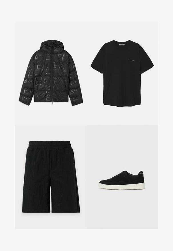 Zwarte pufferjack met een glanzende, geprinte afwerking. Voorzien van een ritssluiting aan de voorkant, een capuchon met trekkoord en logo-accenten op de mouw.; Zwarte katoenen T-shirt met een ronde hals, korte mouwen en een witte logo-print op de linkerkant van de borst. Eenvoudig, effen kleur ontwerp.; Zwarte shorts met een elastische tailleband, gemaakt van een textuurstof, met een knielange pasvorm en zijzakken.; Zwarte suède sneakers met vetersluiting en contrasterende witte rubberen zool. Voorzien van textuurpanelen aan de zijkanten en subtiele branding op de hiel.