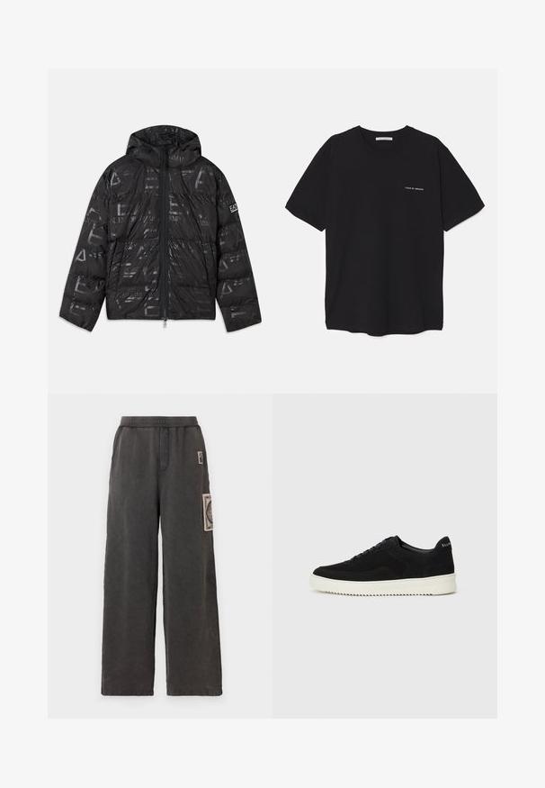 Črna napihnjena jakna z sijočim, vzorčastim zaključkom. Ima sprednji zadrgo, kapuco s vrvico in logotipne detajle na rokavu.; Črna bombažna majica s kratkimi rokavi in okroglim ovratnikom, z belim logotipom natisnjenim na levi prsni strani. Preprost, enobarven dizajn.; Široke hlače v temno sivi tkanini, ki imajo okrasno nalepko na sprednjem žepu in elastičen pas za udobje.; Črni semiš teniški copati z vezalkami in kontrastnim belim gumijastim podplatom. Imajo teksturirane stranske panele in subtilno oznako na peti.
