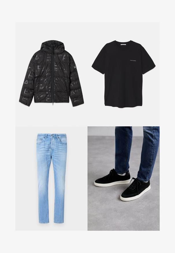 Černá péřová bunda s lesklým, vzorovaným povrchem. Obsahuje přední zip, kapuci se stahovací šňůrou a logové detaily na rukávu.; Černé bavlněné tričko s kulatým výstřihem, krátkými rukávy a bílým logem potisknutým na levé straně hrudi. Jednoduchý, jednobarevný design.; Světle modré džínové kalhoty s rovnými nohavicemi, které mají knoflíkový zapínání, pět kapsiček a jemné vyblednutí na stehnech.; Černé semišové tenisky s bílou gumovou podrážkou, s klasickým nízkým designem, zaoblenou špičkou a plochými černými tkaničkami.