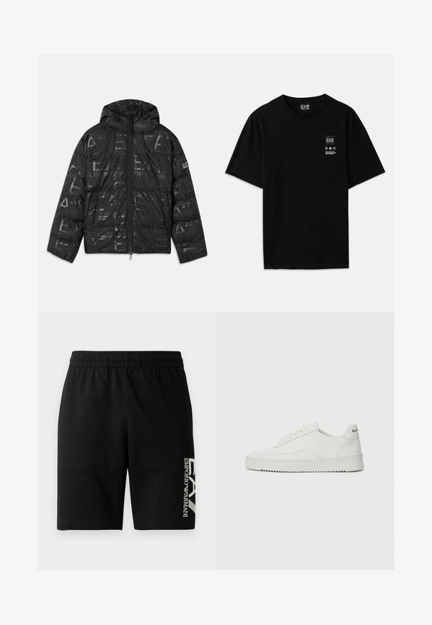 Black puffer jacket with a glossy, patterned finish. Features a front zipper, drawstring hood, and logo accents on the sleeve.; Black cotton t-shirt with short sleeves, a crew neck, and a small logo tag on the front featuring care symbols in white.; EA7 Emporio Armani TRAIN VISIBILITY - Shorts - black/cream; White leather sneaker with a smooth finish, round toe, flat laces, and a textured sole. Features a subtle logo on the heel.