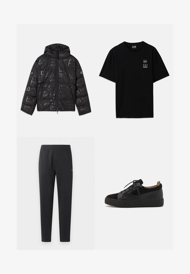 Mustat puffatakkia, jossa on kiiltävä, kuvioitu pinta. Varustettu vetoketjulla edessä, kiristettävällä hupulla ja logovärihtöillä hihaosassa.; Musta puuvillapaita lyhyillä hihoilla, pyöreällä kaula-aukolla ja edessä pieni logo, jossa on valkoisia hoito-ikoneita.; Mustat verkkarit, jotka on valmistettu pehmeästä kankaasta. Niissä on joustava vyötärö, suorat lahkeet ja pieni logo-yksityiskohta sivulla.; Giuseppe Zanotti DOUBLE ZIP - Matalavartiset tennarit - black