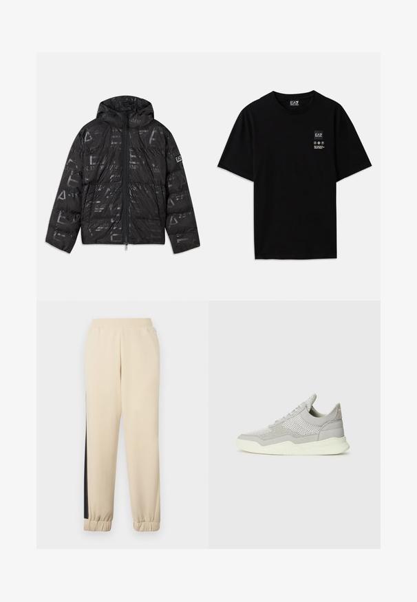 Chaqueta de plumas negra con un acabado brillante y con estampado. Cuenta con una cremallera frontal, capucha con cordón y detalles del logotipo en la manga.; Camiseta de algodón negra con mangas cortas, cuello redondo y una pequeña etiqueta con el logo en el frente que presenta símbolos de cuidado en blanco.; Pantalones de chándal color crema con franjas laterales negras, cinturilla elástica y puños acanalados. Tejido suave con un ajuste relajado.; Zapatilla gris con secciones de malla y gamuza, suela de goma y acentos en colores claros. Presenta un diseño curvado y paneles texturizados.
